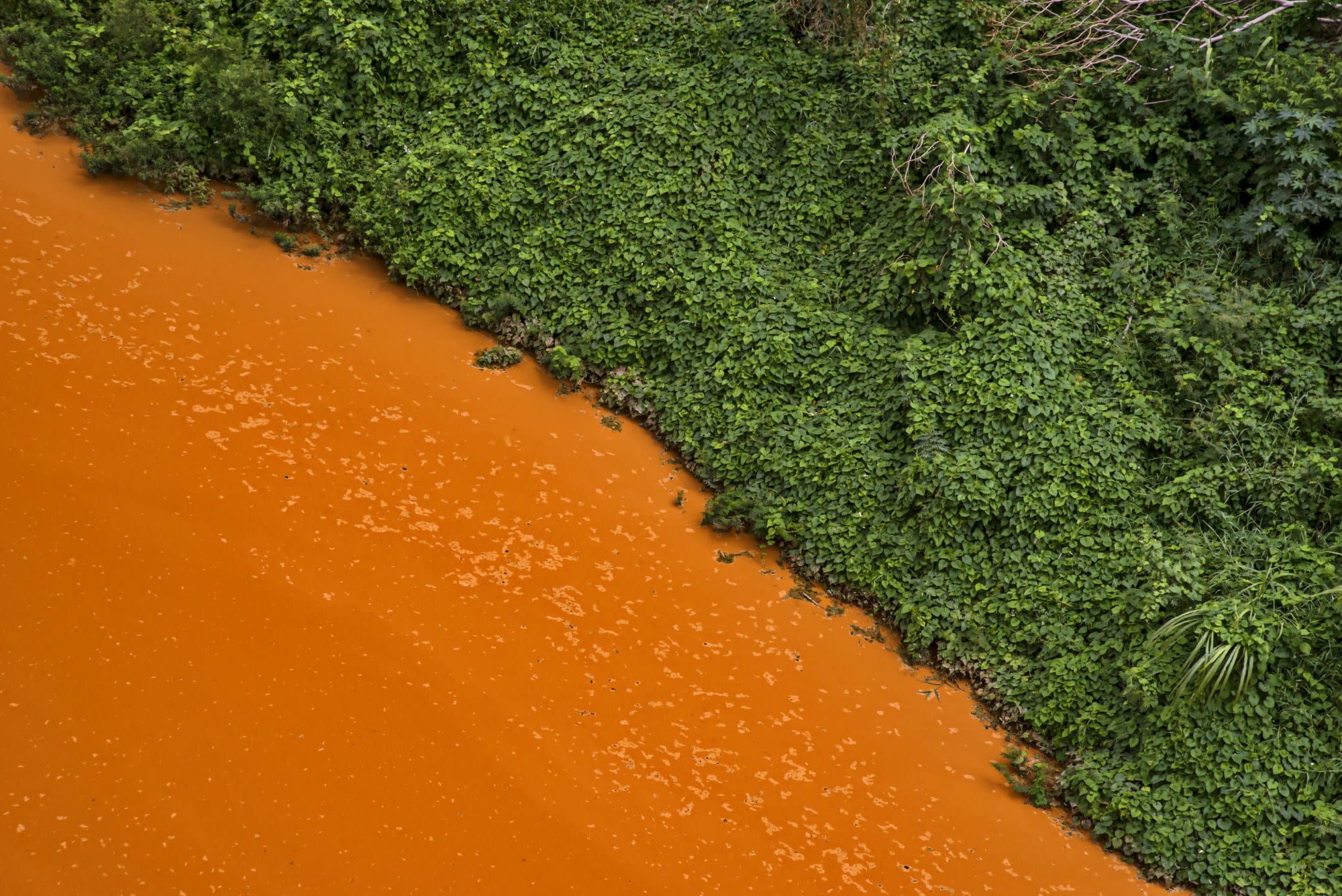 Galeria com duas imagens do Rio Doce coberto por rejeitos de mineração após o desastre de Mariana