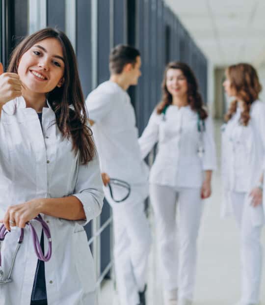 young-female-doctor-with-thumbs-up-gesture-standing-corridor-hospital