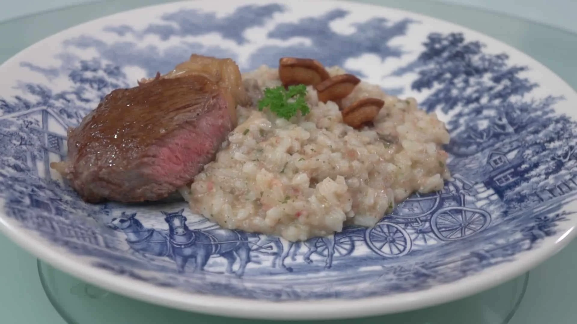 Filé Chorizo acompanhado de Risoto de Shimeji com Bacon a Pururuca